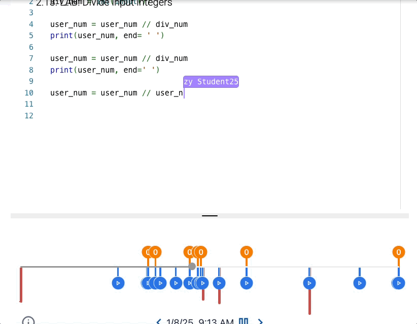 zyBooks Code Playback replaying a student's zyLab submission keystroke by keystroke, highlighting a large paste event