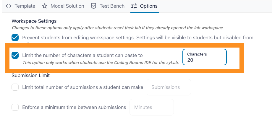 zyBooks Paste Limiting setting showing a character limit slider set to 50 characters per paste event in a zyLab assignment